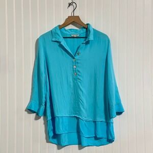 John Mark Turquoise Layered Hem Button Back Blouse Artsy Boho Lagenlook M